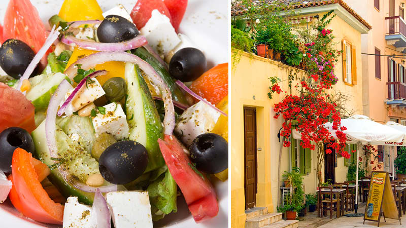 Grekisk mat med oliver, fetaost, tomat och rödlök. Gata i Nafplio på resa till Grekland.